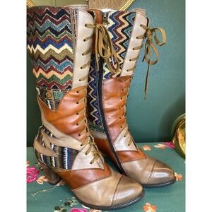 Spring Step L'Artiste Patchwork Boots Sz 41 Brown Multi Color Boho Lace Up